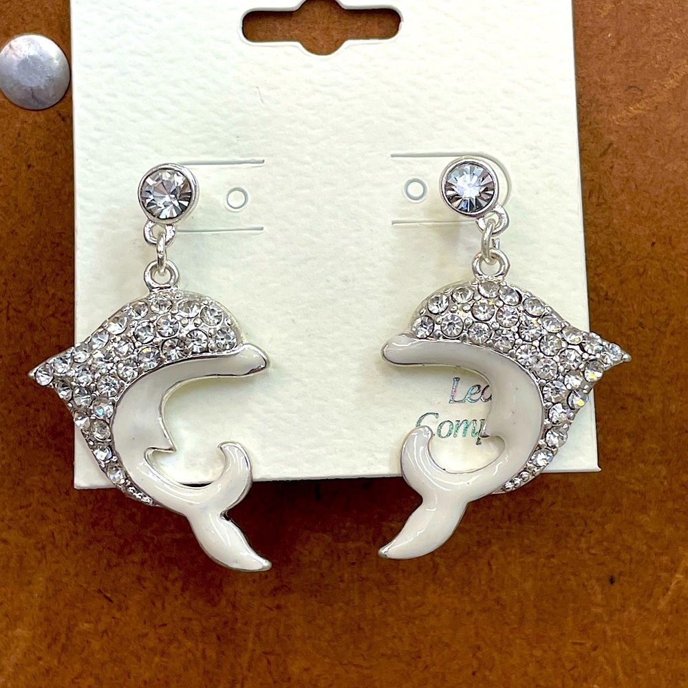 White Dolphin Rhinestones Silver-tone Earrings